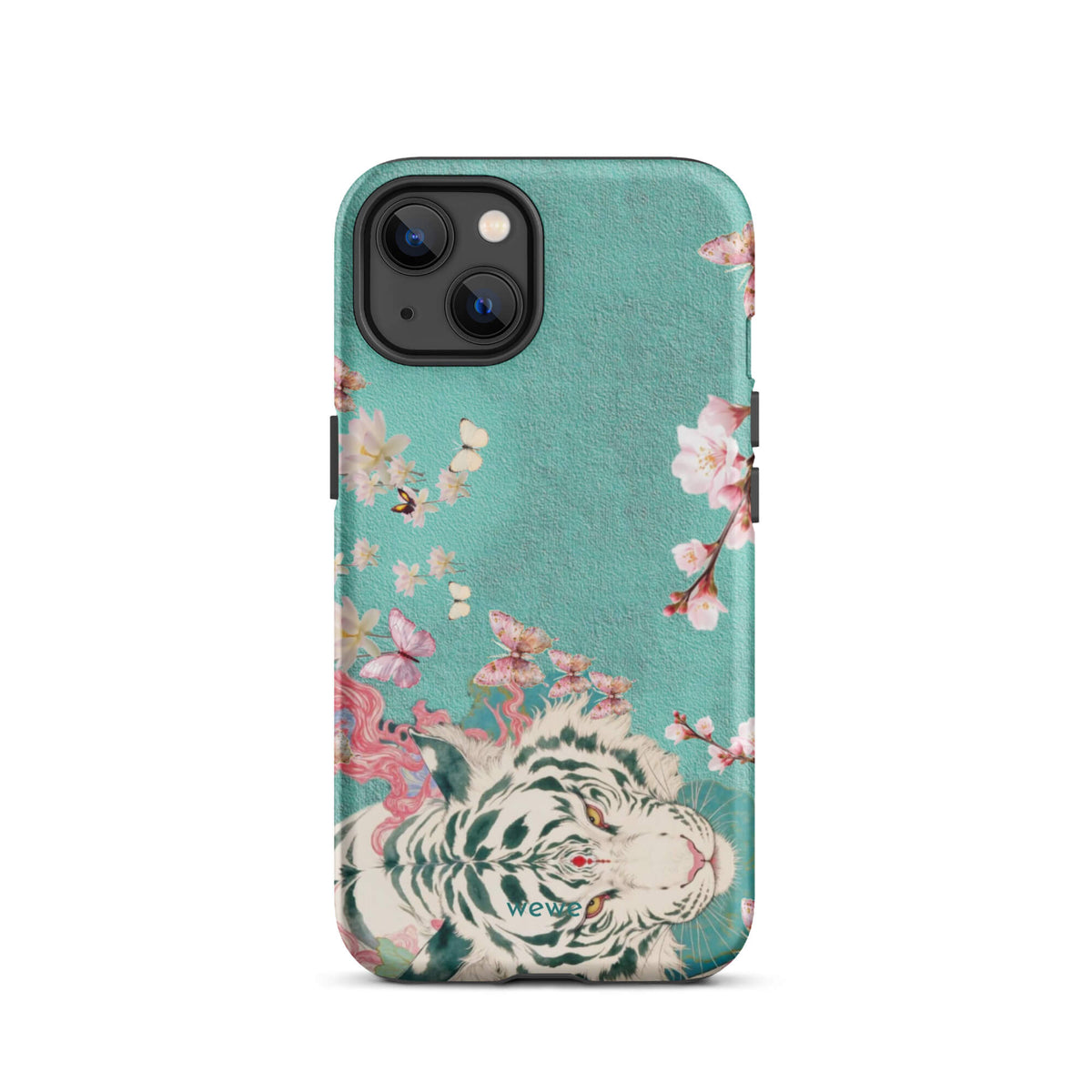 Turquoise iPhone case with an ivory-white tiger, blush-pink cherry blossoms and butterflies
