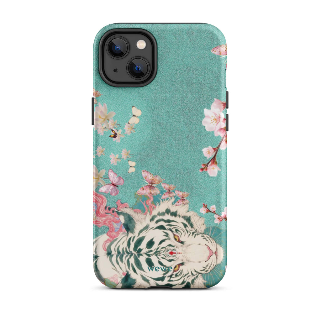 Turquoise iPhone case with an ivory-white tiger, blush-pink cherry blossoms and butterflies