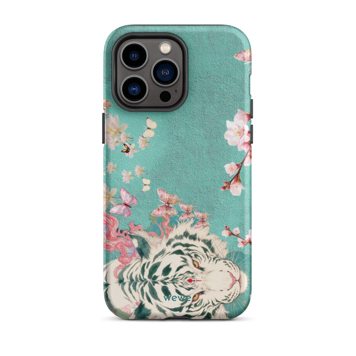 Turquoise iPhone case with an ivory-white tiger, blush-pink cherry blossoms and butterflies
