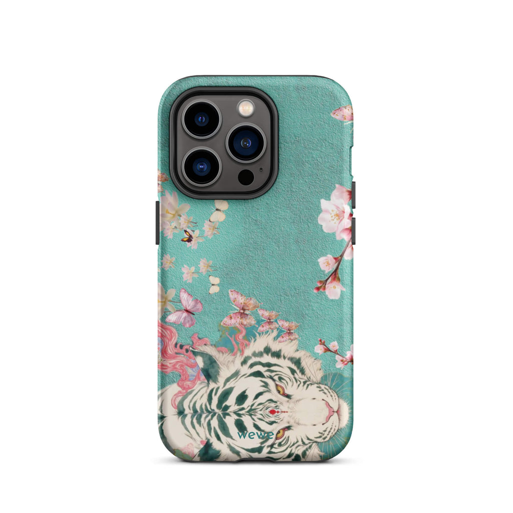 Turquoise iPhone case with an ivory-white tiger, blush-pink cherry blossoms and butterflies