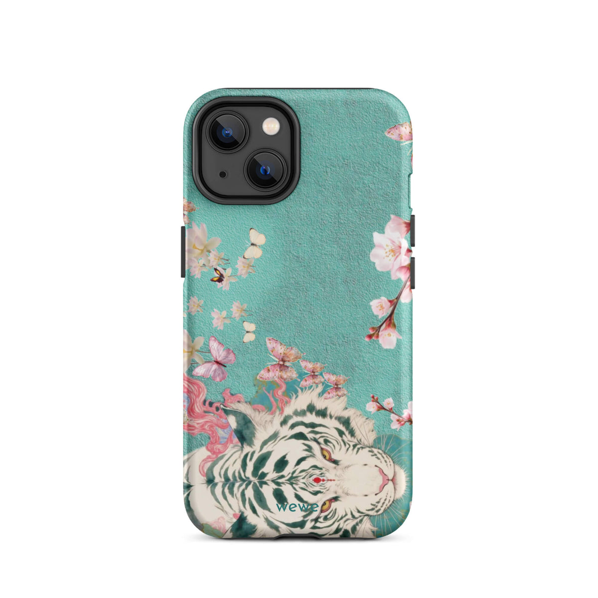 Turquoise iPhone case with an ivory-white tiger, blush-pink cherry blossoms and butterflies