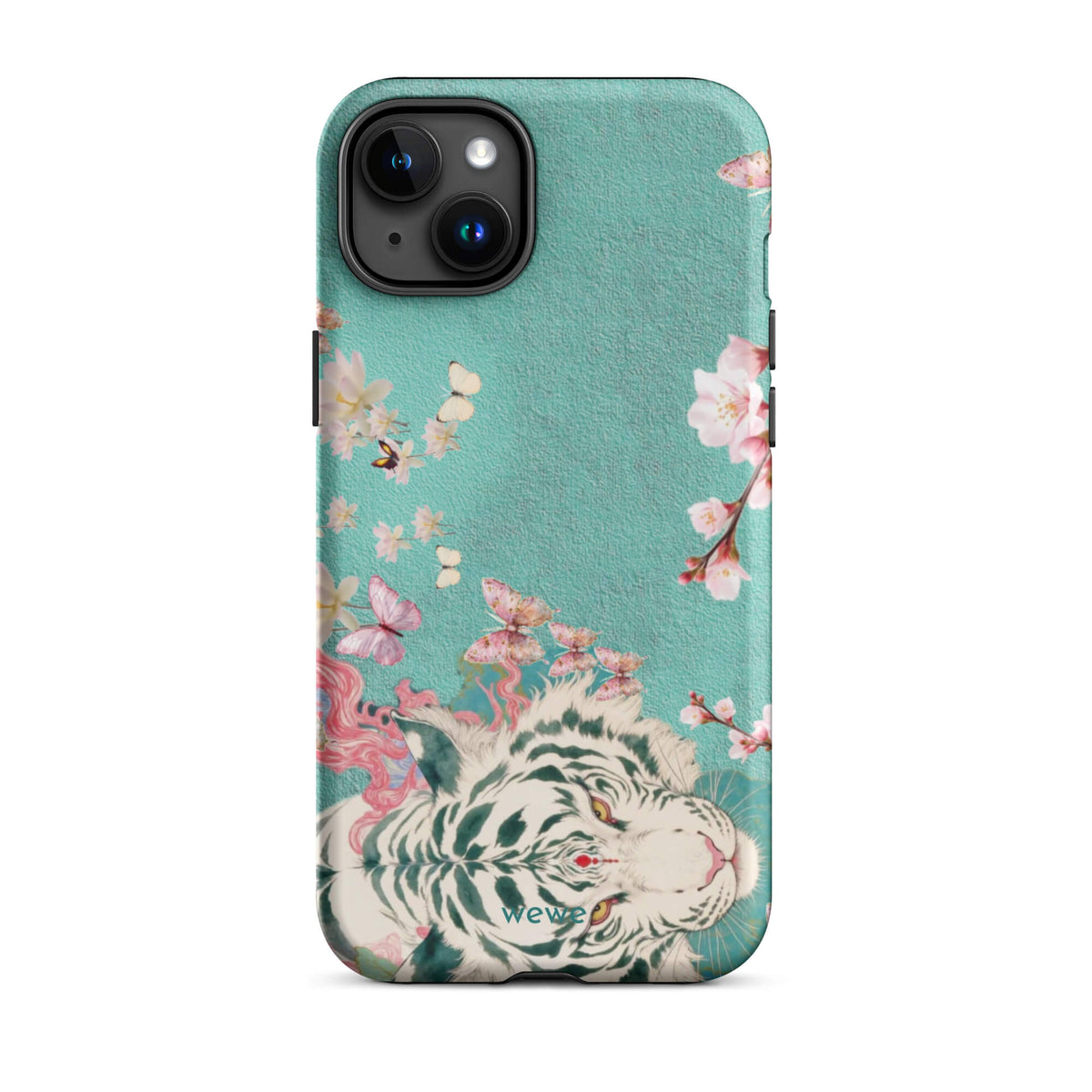 Turquoise iPhone case with an ivory-white tiger, blush-pink cherry blossoms and butterflies
