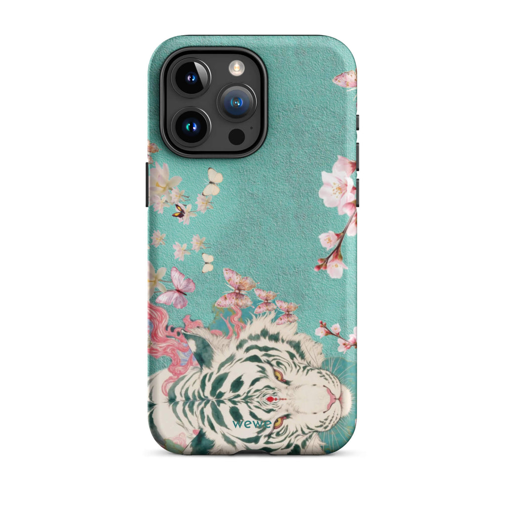 Turquoise iPhone case with an ivory-white tiger, blush-pink cherry blossoms and butterflies