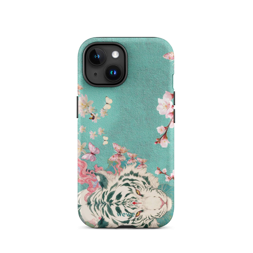 Turquoise iPhone case with an ivory-white tiger, blush-pink cherry blossoms and butterflies