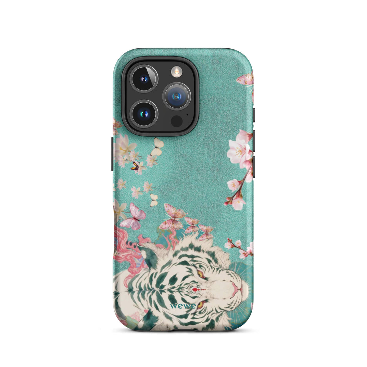 Turquoise iPhone case with an ivory-white tiger, blush-pink cherry blossoms and butterflies