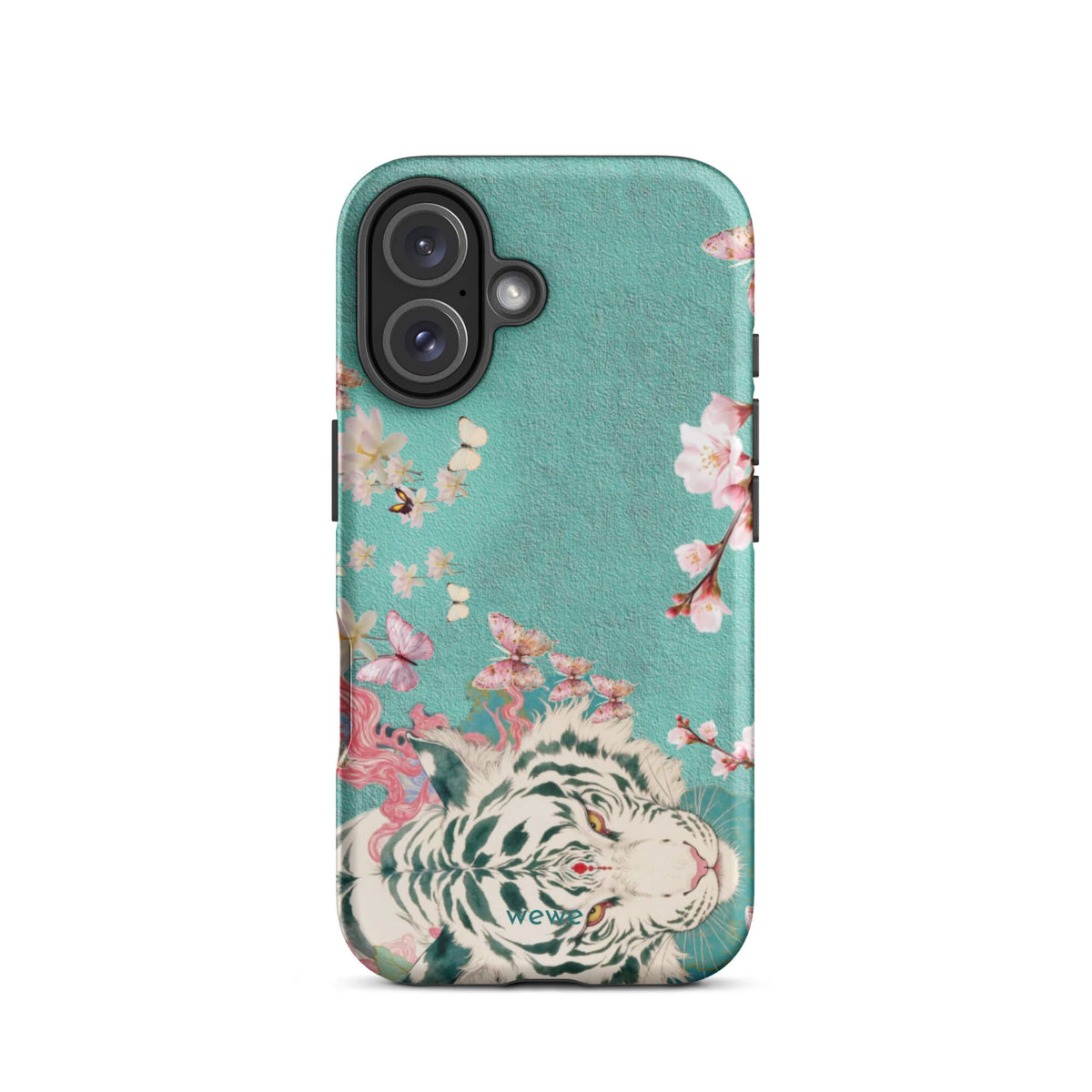 Turquoise iPhone case with an ivory-white tiger, blush-pink cherry blossoms and butterflies