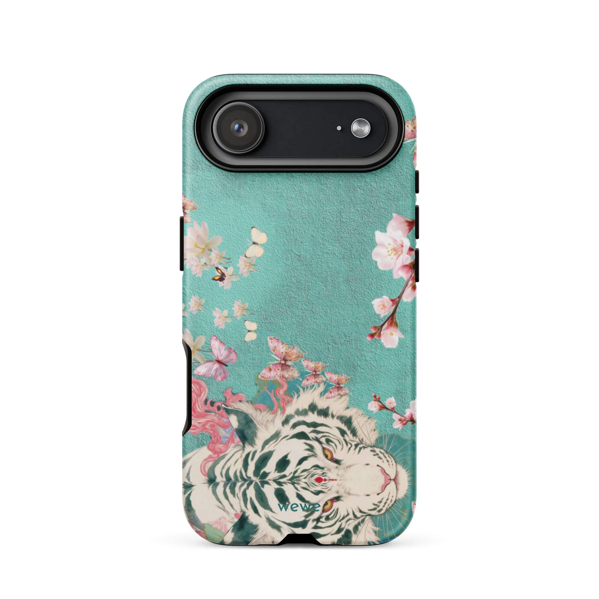 Turquoise iPhone case with an ivory-white tiger, blush-pink cherry blossoms and butterflies