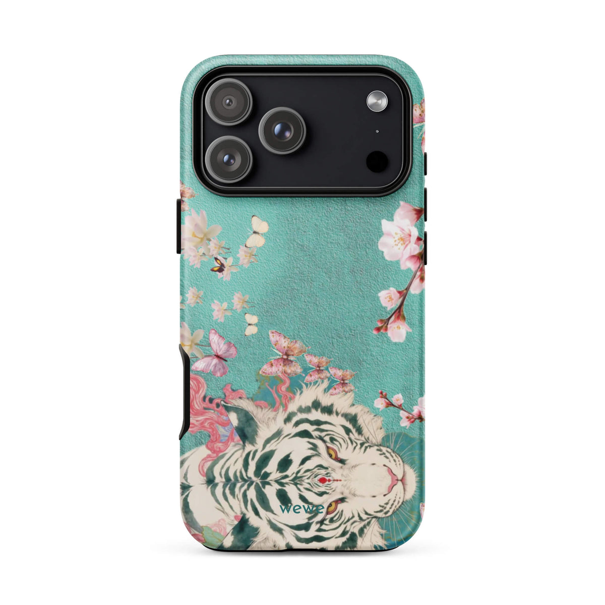 Turquoise iPhone case with an ivory-white tiger, blush-pink cherry blossoms and butterflies