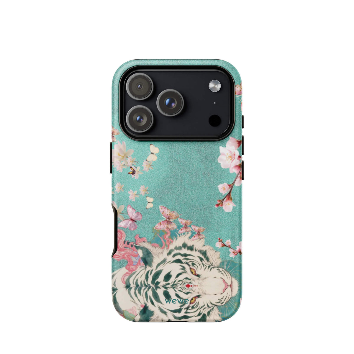 Turquoise iPhone case with an ivory-white tiger, blush-pink cherry blossoms and butterflies