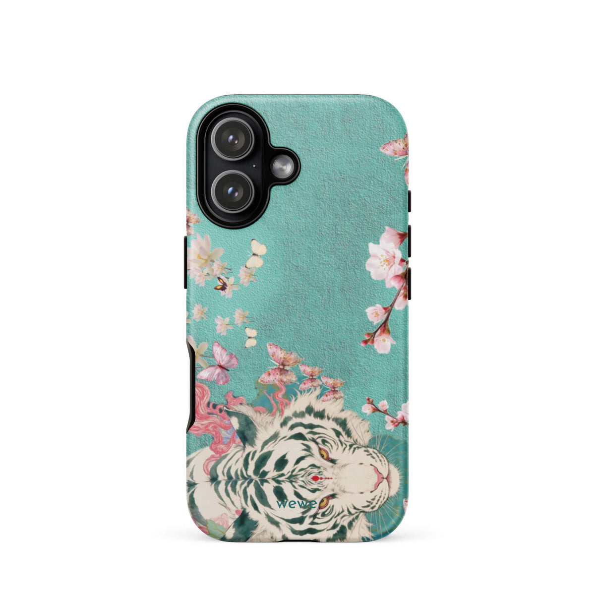 Turquoise iPhone case with an ivory-white tiger, blush-pink cherry blossoms and butterflies