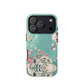 Turquoise iPhone case with an ivory-white tiger, blush-pink cherry blossoms and butterflies