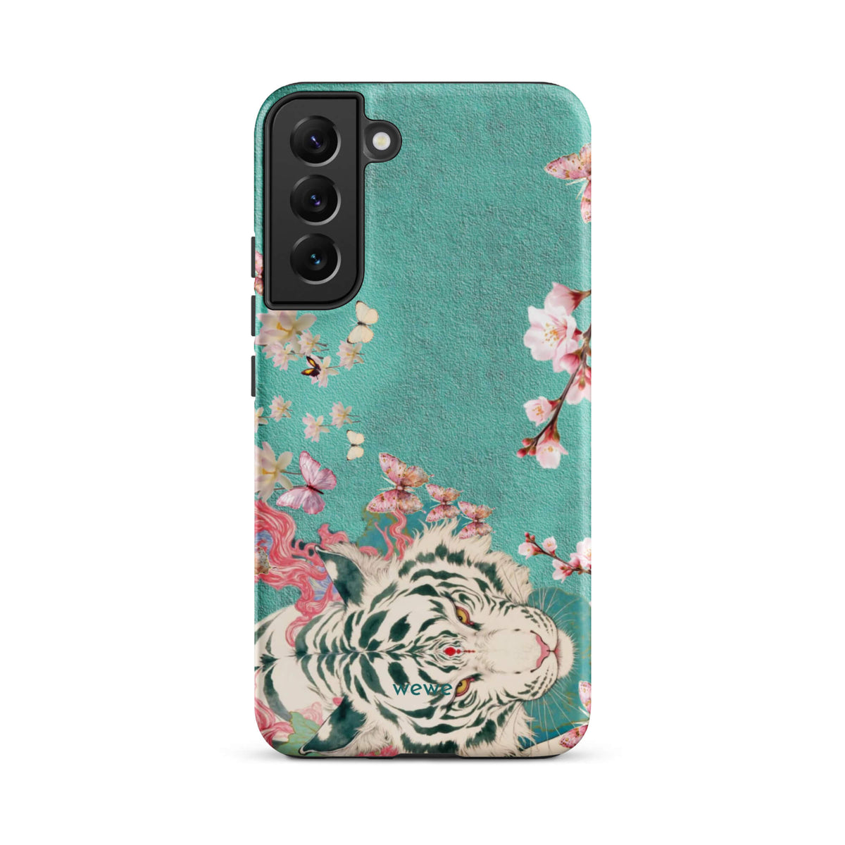 Turquoise iPhone case with an ivory-white tiger, blush-pink cherry blossoms and butterflies