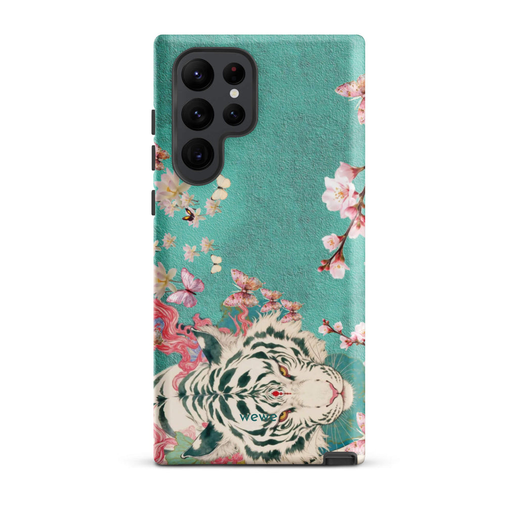 Turquoise iPhone case with an ivory-white tiger, blush-pink cherry blossoms and butterflies
