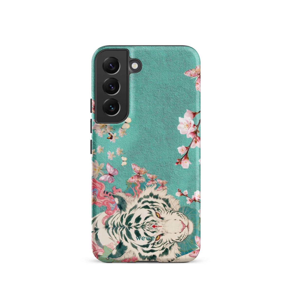 Turquoise iPhone case with an ivory-white tiger, blush-pink cherry blossoms and butterflies