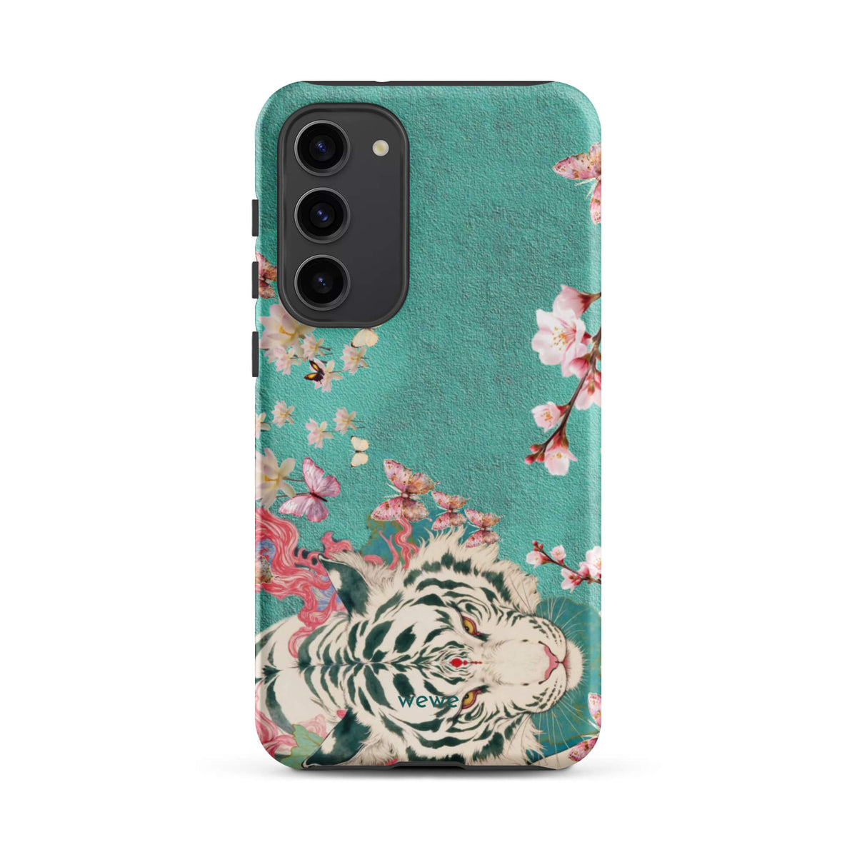 Turquoise iPhone case with an ivory-white tiger, blush-pink cherry blossoms and butterflies