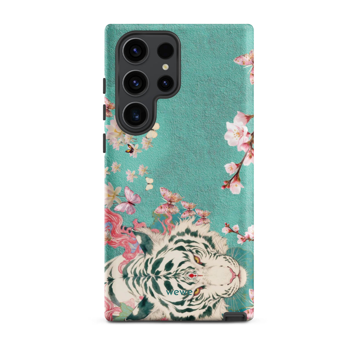 Turquoise iPhone case with an ivory-white tiger, blush-pink cherry blossoms and butterflies