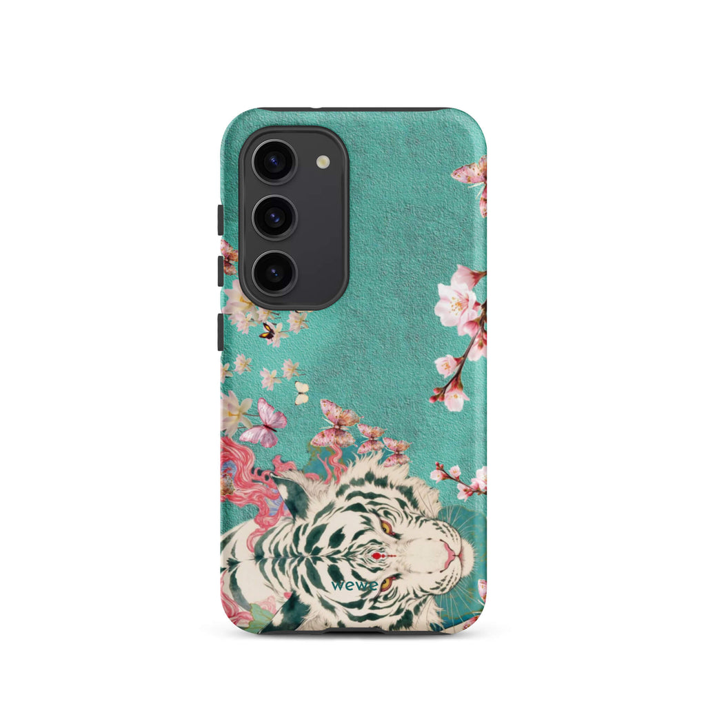 Turquoise iPhone case with an ivory-white tiger, blush-pink cherry blossoms and butterflies