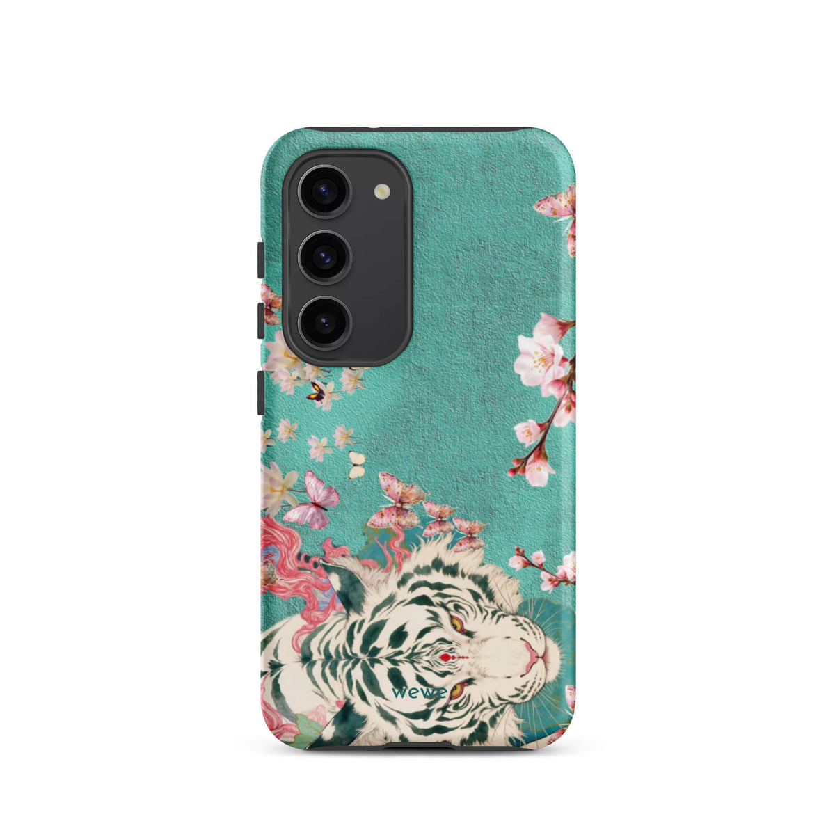 Turquoise iPhone case with an ivory-white tiger, blush-pink cherry blossoms and butterflies
