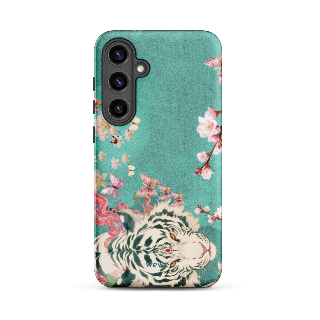 Turquoise iPhone case with an ivory-white tiger, blush-pink cherry blossoms and butterflies