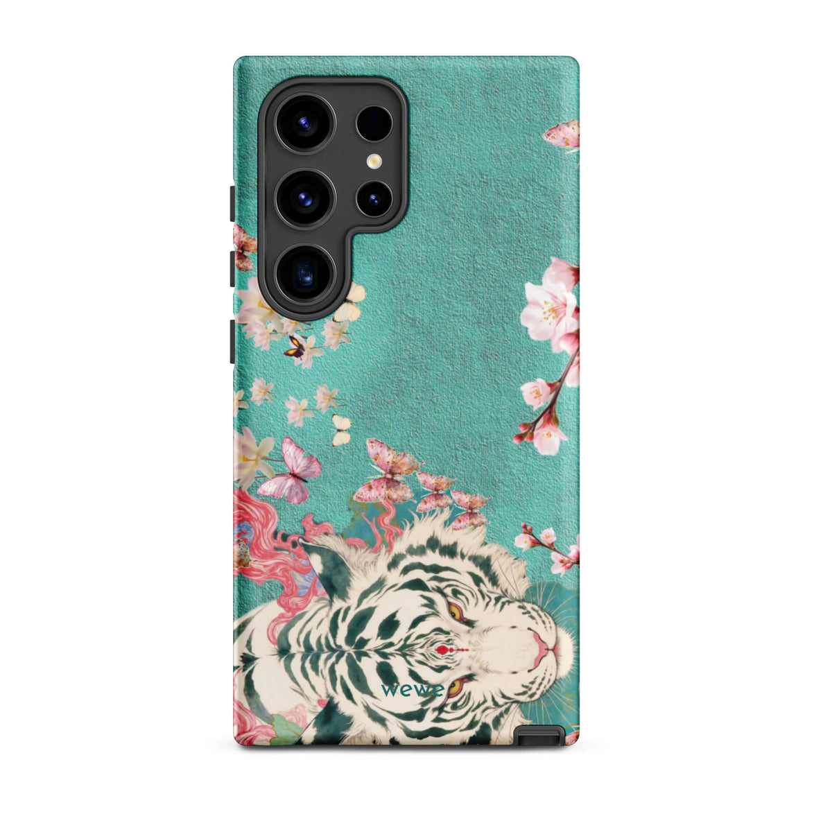 Turquoise iPhone case with an ivory-white tiger, blush-pink cherry blossoms and butterflies