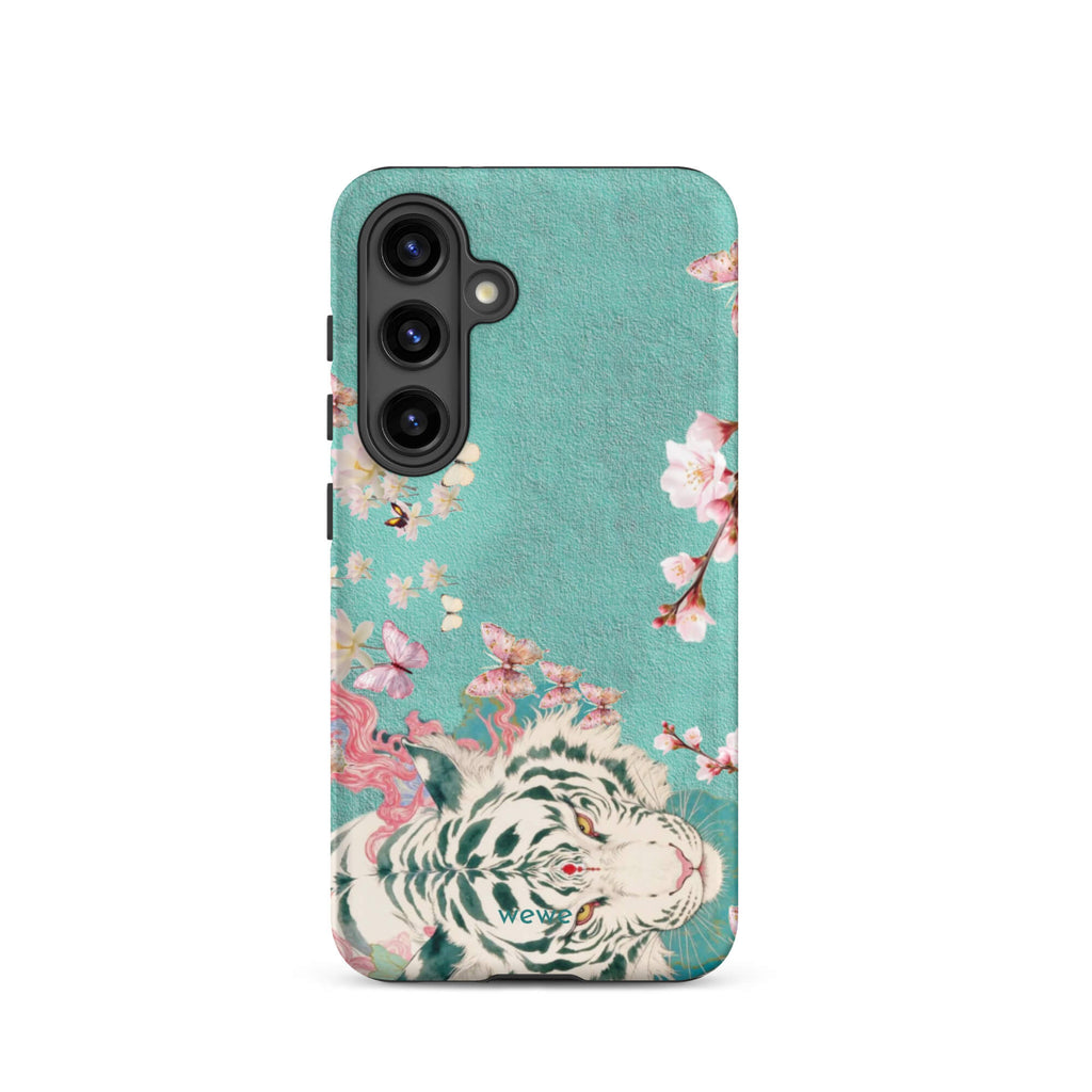Turquoise iPhone case with an ivory-white tiger, blush-pink cherry blossoms and butterflies