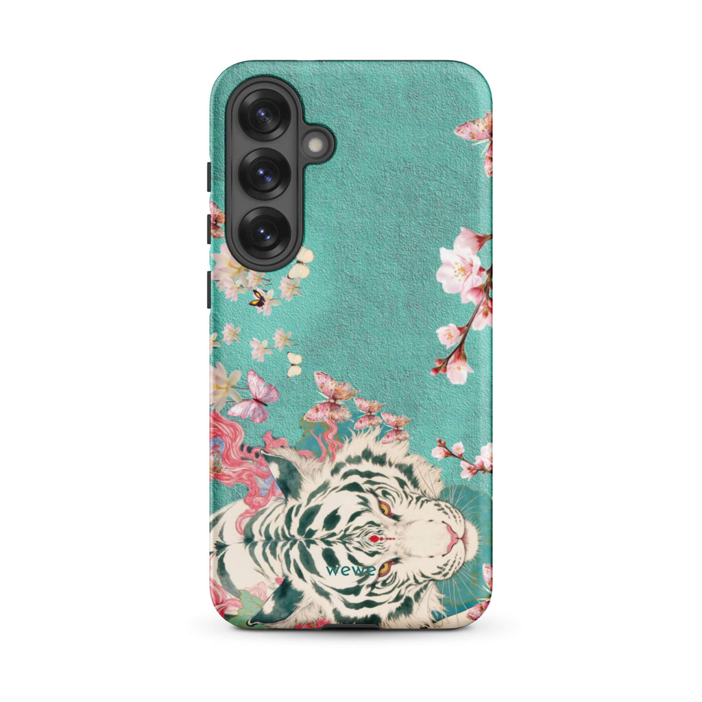 Turquoise iPhone case with an ivory-white tiger, blush-pink cherry blossoms and butterflies