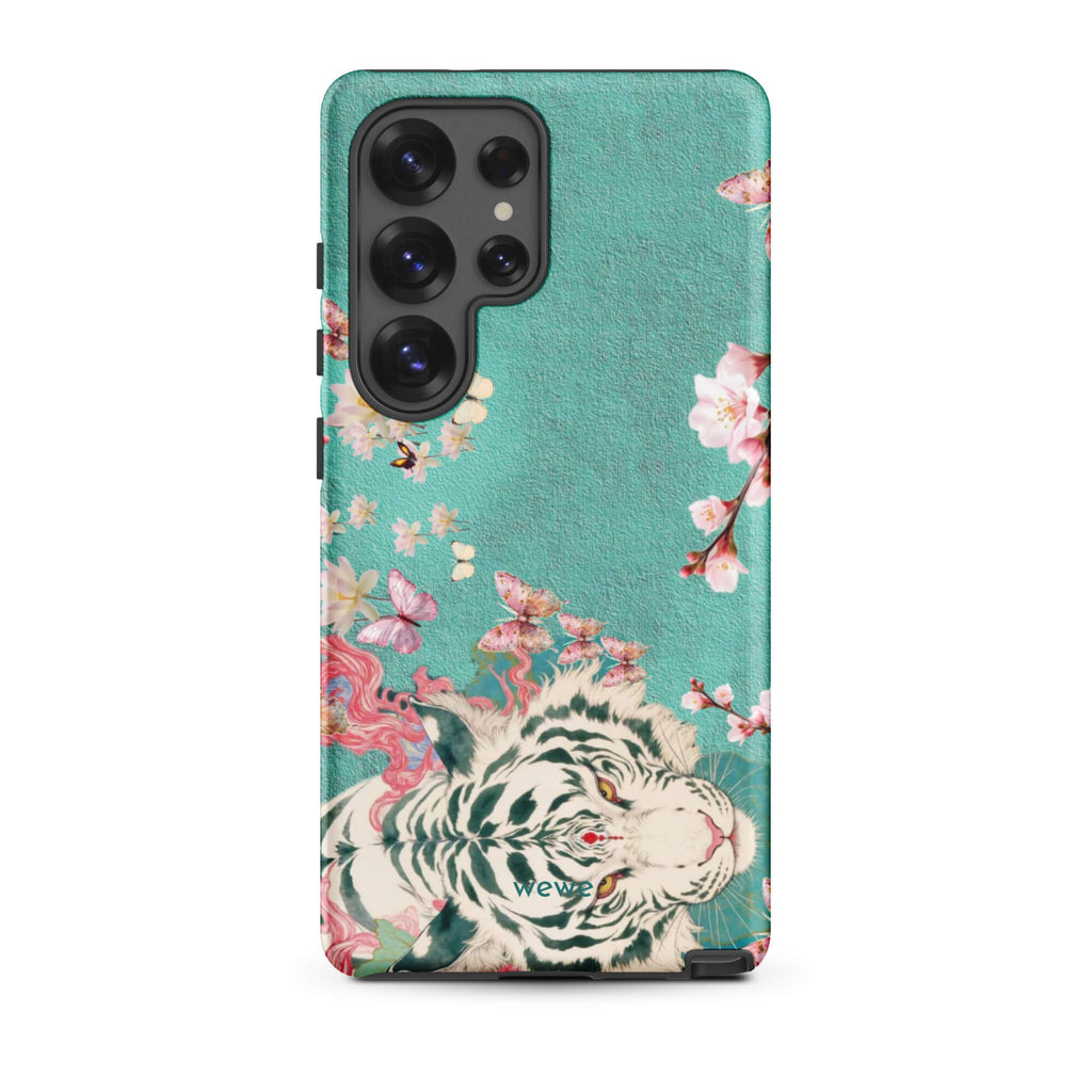 Turquoise iPhone case with an ivory-white tiger, blush-pink cherry blossoms and butterflies