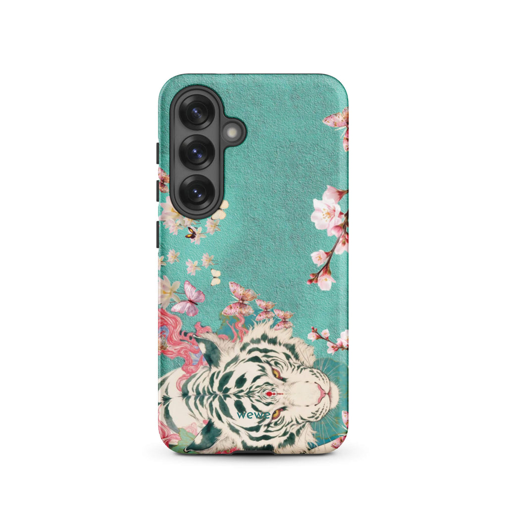 Turquoise iPhone case with an ivory-white tiger, blush-pink cherry blossoms and butterflies