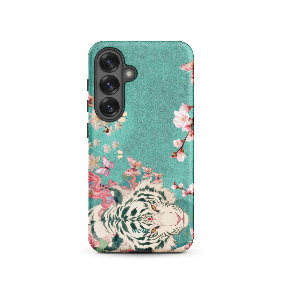 Turquoise iPhone case with an ivory-white tiger, blush-pink cherry blossoms and butterflies