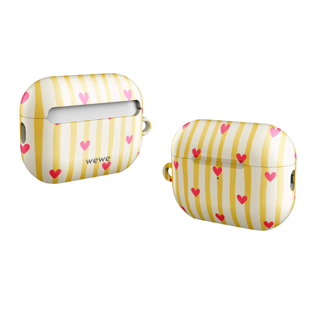 Custom AirPods case pro gen2 with a yellow and white vertical striped background, pink hearts, and 'Martini' text at the bottom.