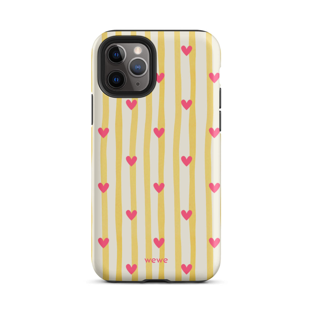 Custom iPhone case 11 pro with a yellow and white vertical striped background, pink hearts, and 'Martini' text at the bottom.