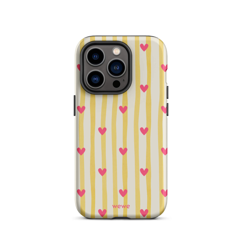 Custom iPhone case 14 pro with a yellow and white vertical striped background, pink hearts, and 'Martini' text at the bottom.