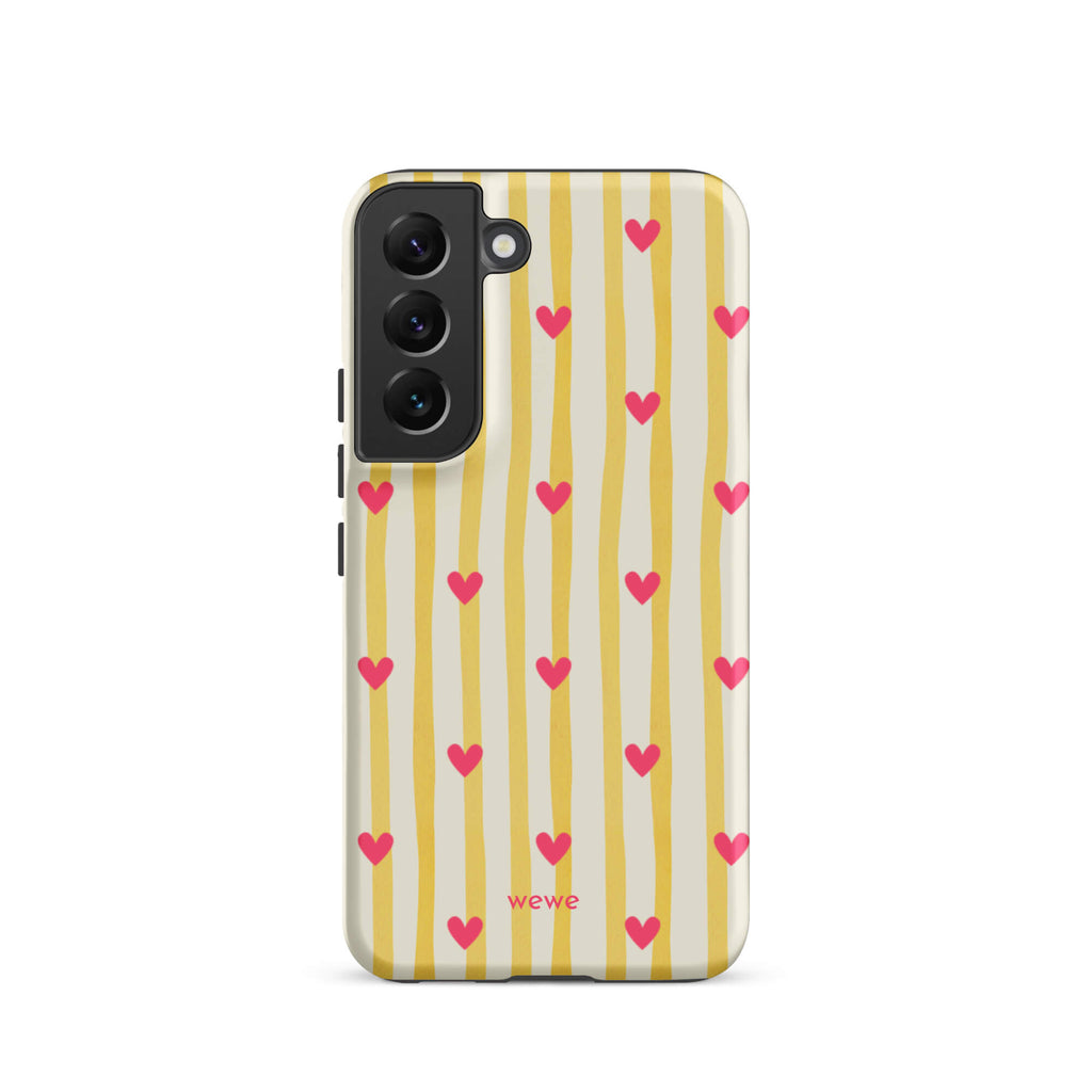 Custom samsung s22 Phone case with a yellow and white vertical striped background, pink hearts, and 'Martini' text at the bottom.