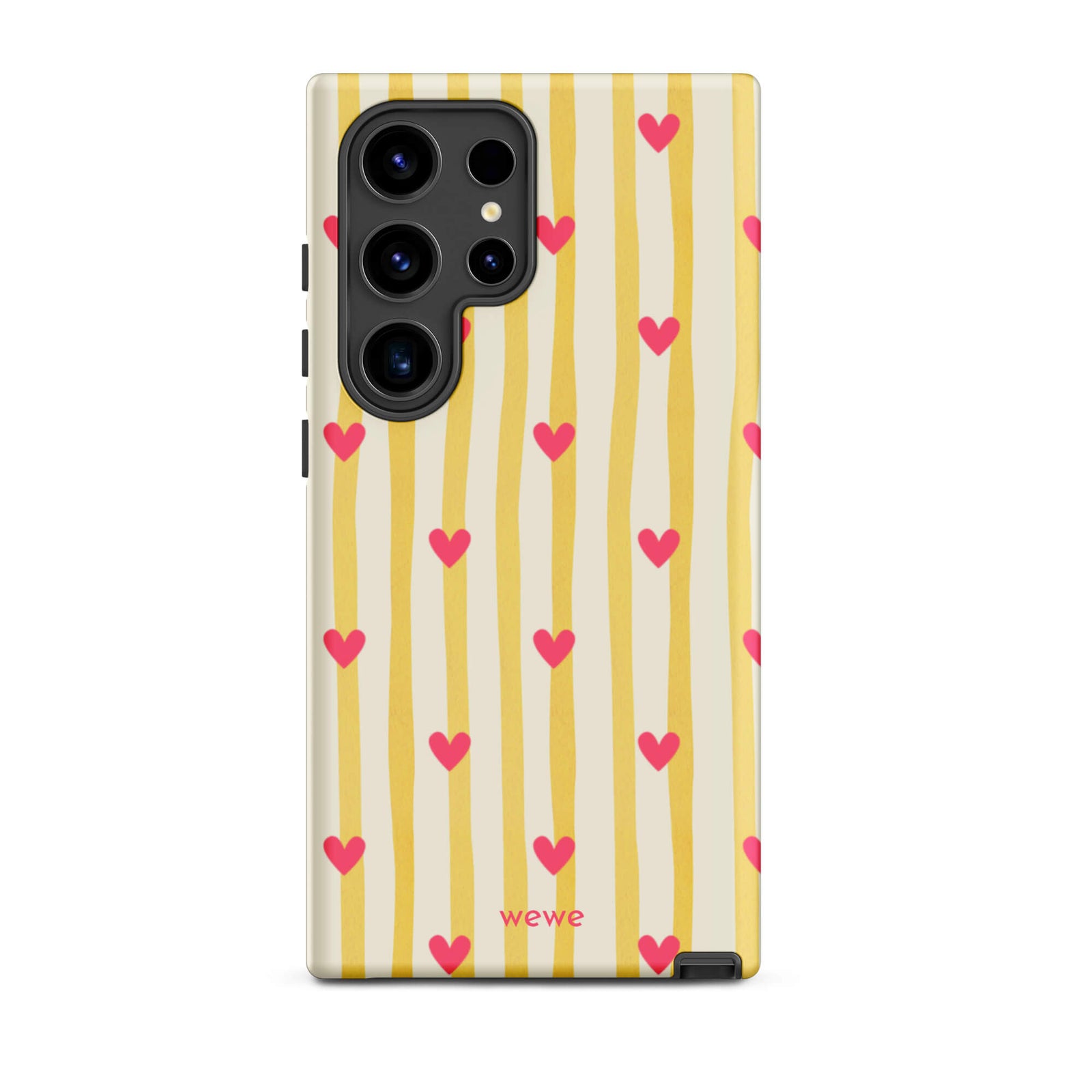 Custom samsung s24 ultra Phone case with a yellow and white vertical striped background, pink hearts, and 'Martini' text at the bottom.