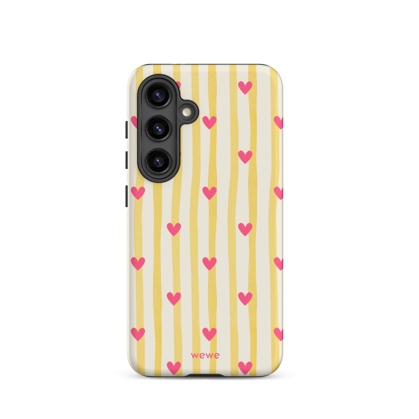Custom samsung s24 Phone case with a yellow and white vertical striped background, pink hearts, and 'Martini' text at the bottom.