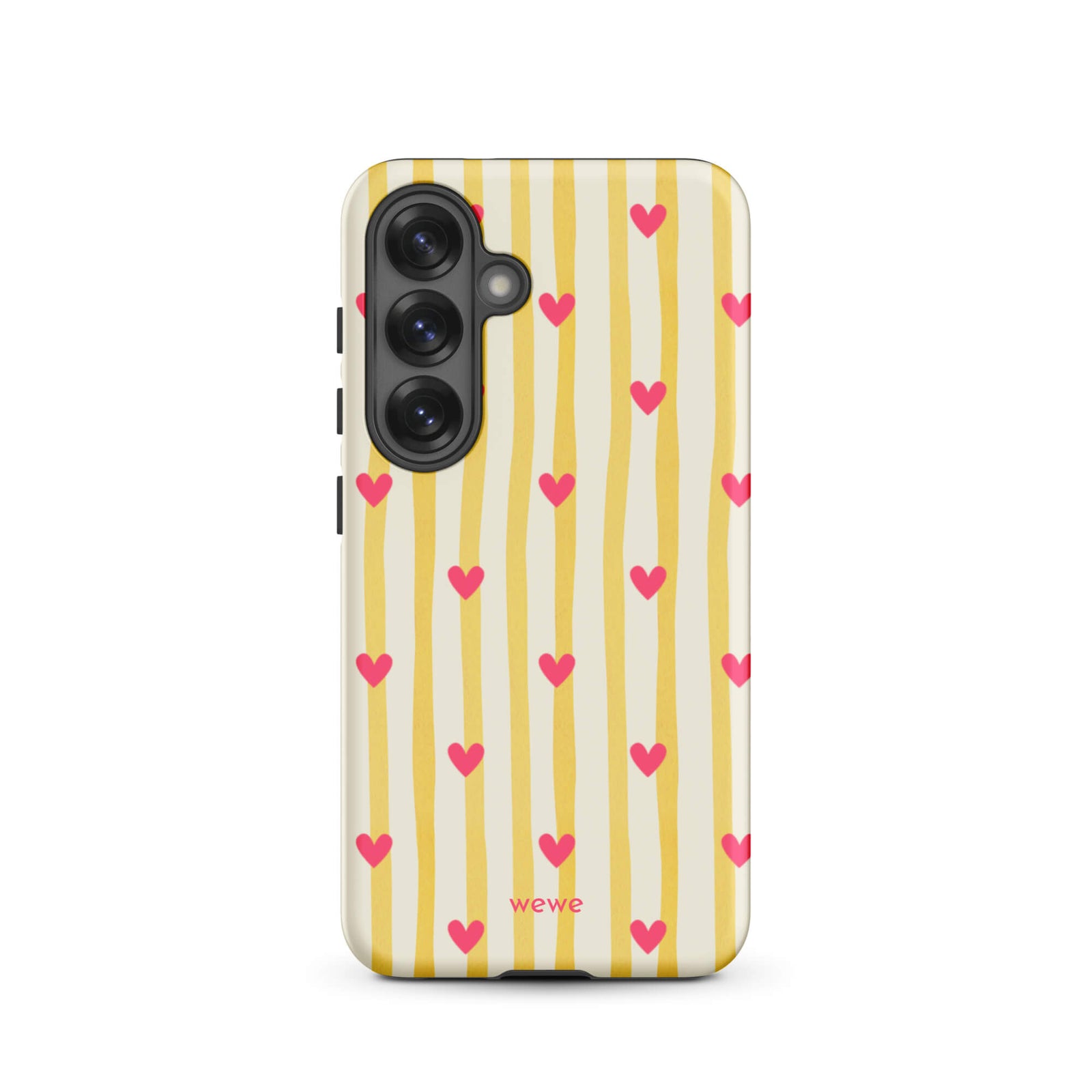 Custom samsung s25 Phone case with a yellow and white vertical striped background, pink hearts, and 'Martini' text at the bottom.